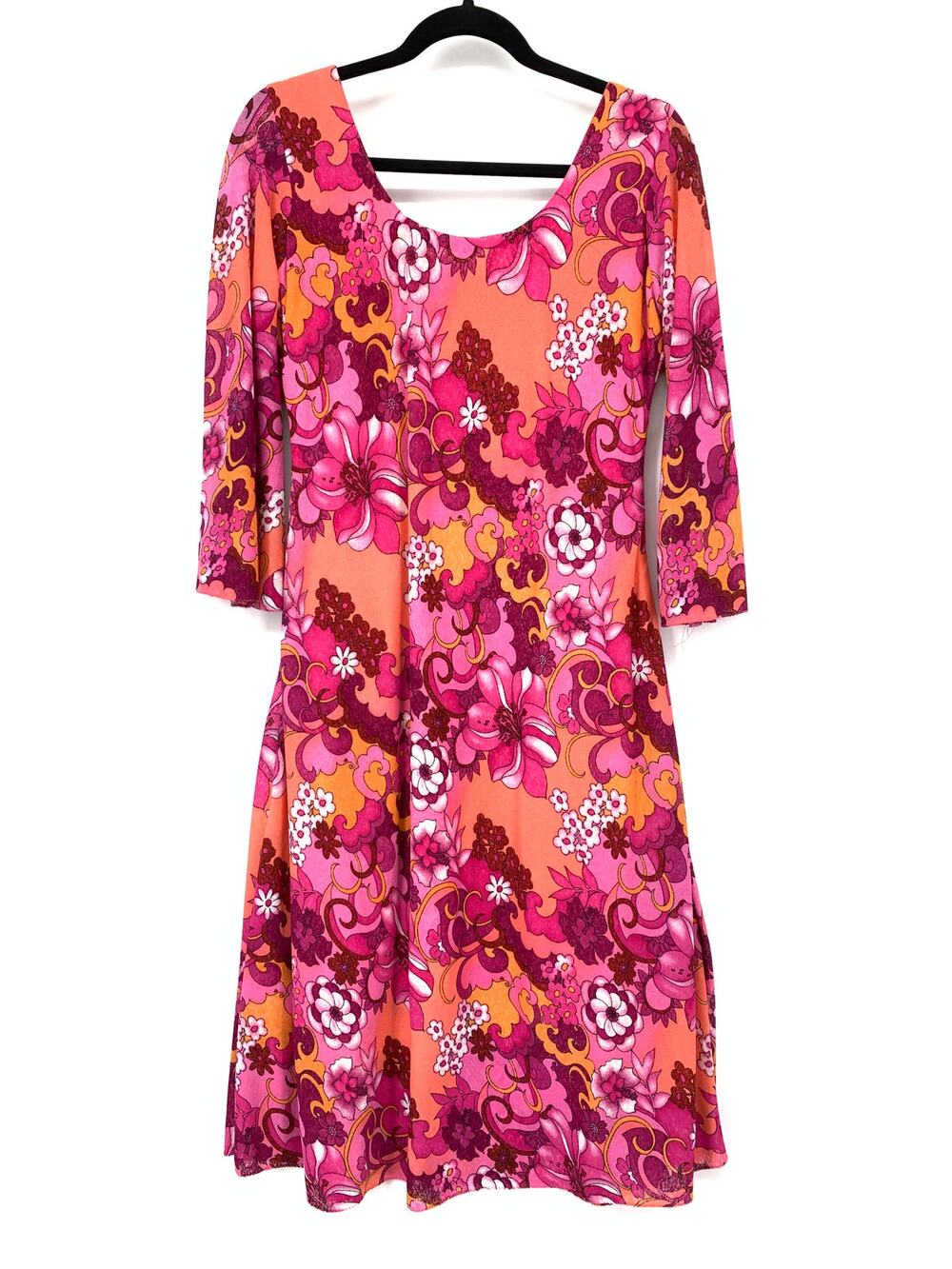 Vintage 70s Pink Psychedelic Floral Knee Length Dress Women Size M/L 3/4 Sleeve